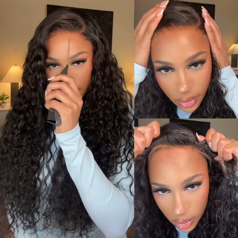 Klaiyi Water Wave 13x4 Pre Everything Lace Front Wig with Invisi Drawstring Put On and Go Glueless Human Hair Wig Flash Sale
