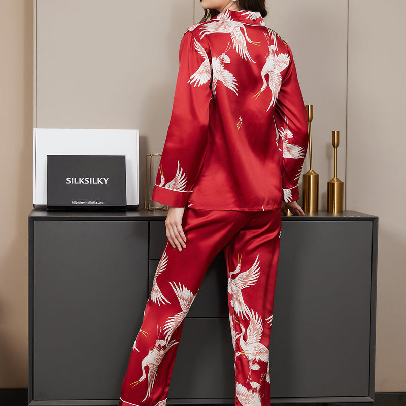 19Momme Women's Silk Crane Print Full Length Pajama Set