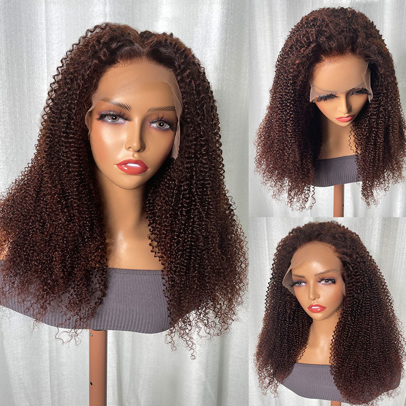 Klaiyi 13x4  Lace Frontal Wig Kinky Curly Auburn Brown Color