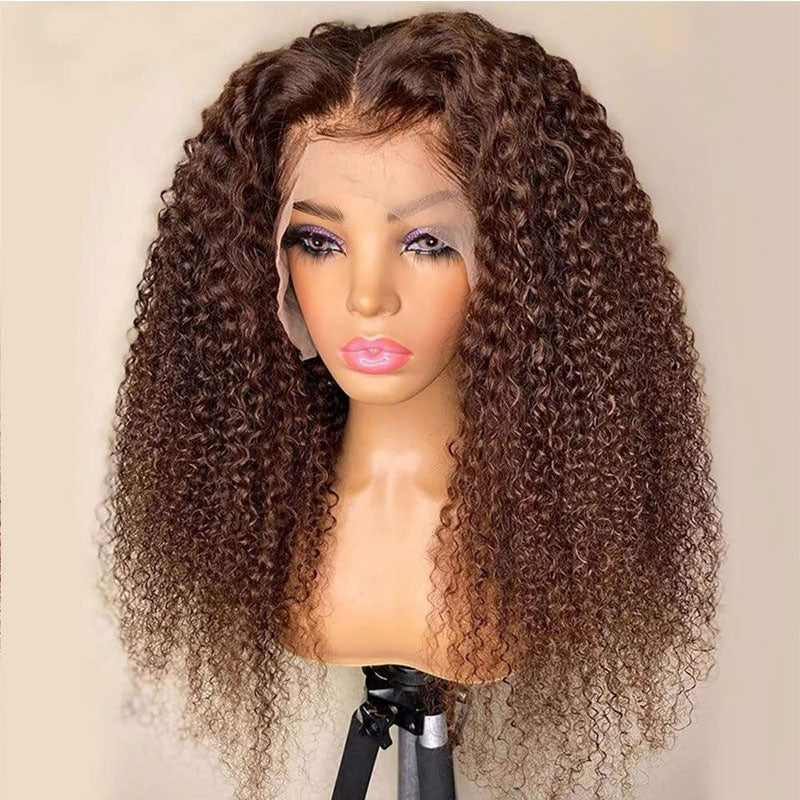 Klaiyi 13x4  Lace Frontal Wig Kinky Curly Auburn Brown Color