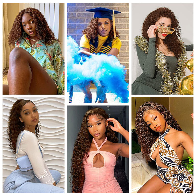 Klaiyi 13x4  Lace Frontal Wig Kinky Curly Auburn Brown Color
