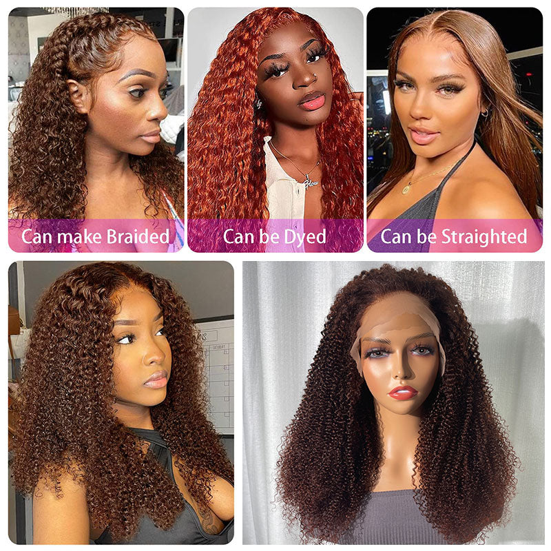 Klaiyi 13x4  Lace Frontal Wig Kinky Curly Auburn Brown Color