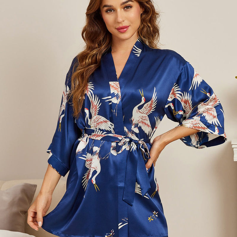 19Momme Women's Silk Crane Print Short Robe