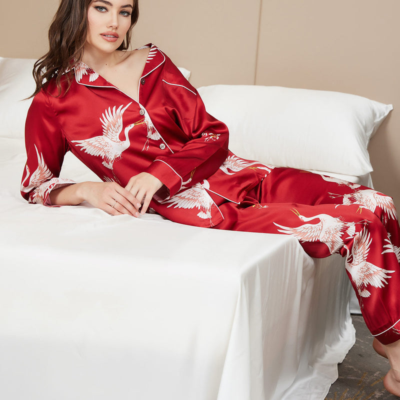 19Momme Women's Silk Crane Print Full Length Pajama Set