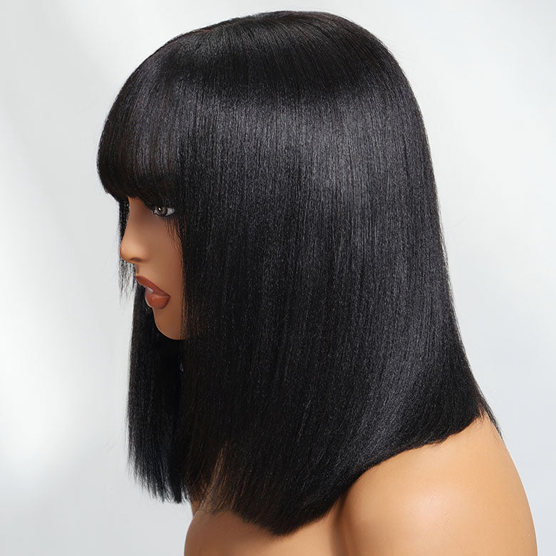 Fast Shipping| Klaiyi Yaki Straight Bob Wig with Bang 2x4 Lace Closure Wig Beginner Friendly Human Hair Wig Flash Sale