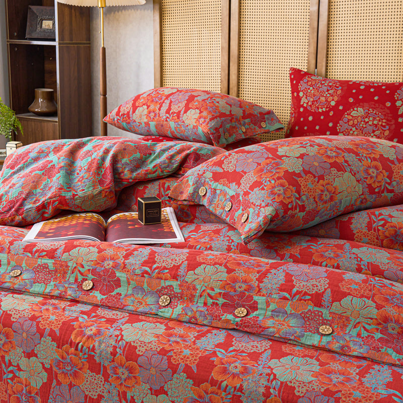 Floral Duvet Cover Cotton Gauze Bedding Set(4PCS)