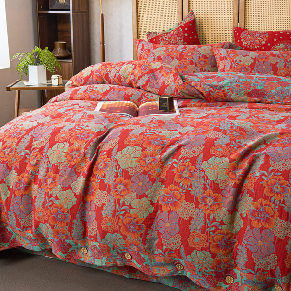 Floral Duvet Cover Cotton Gauze Bedding Set(4PCS)