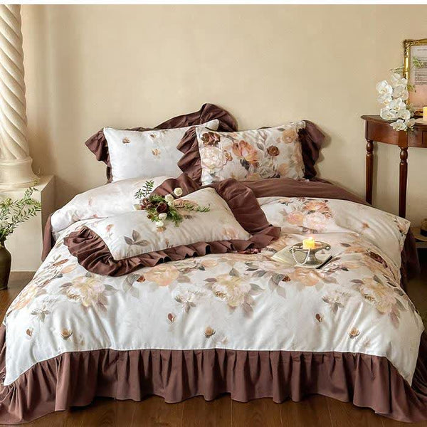 Brushed Cotton Floral Lace Edge Bedding Set (4PCS)