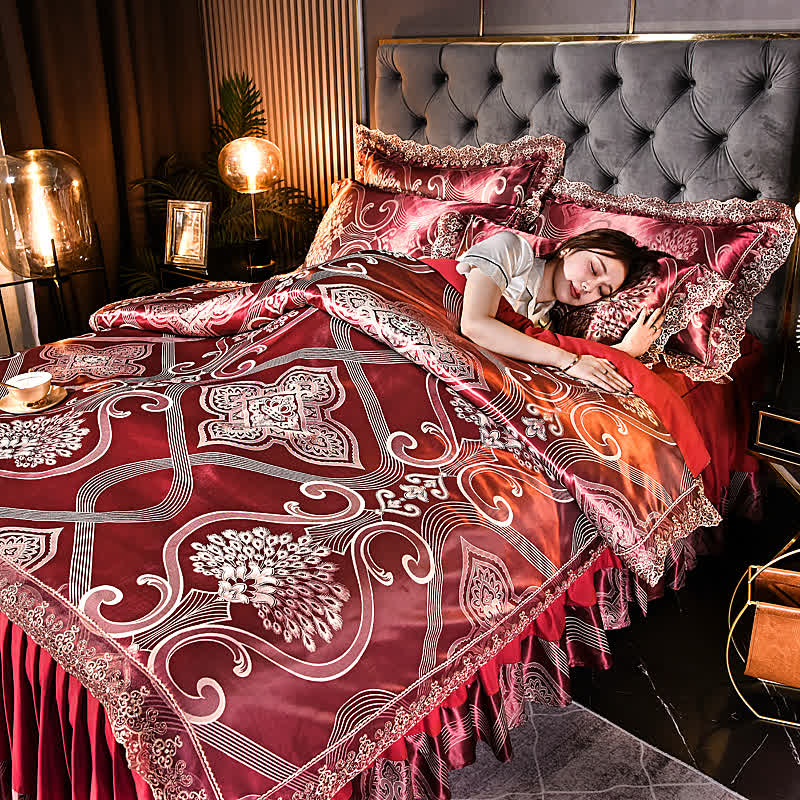 Satin Jacquard Bed Skirt Bedding Set (4PCS)