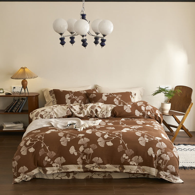 Button Ginkgo Leaf Cotton Gauze Bedding Set (4PCS)