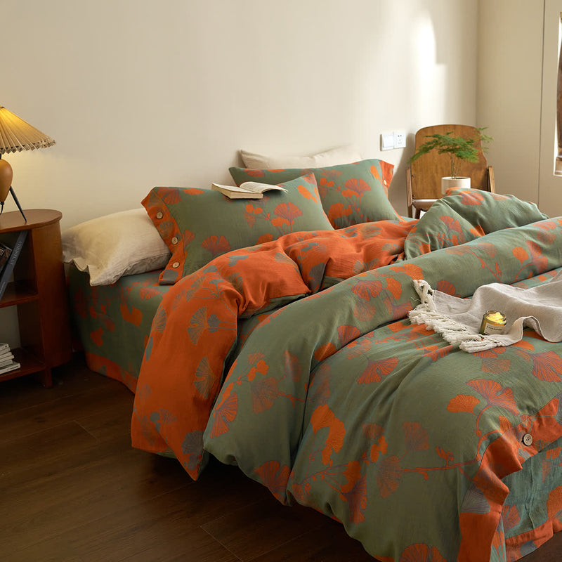 Button Ginkgo Leaf Cotton Gauze Bedding Set (4PCS)