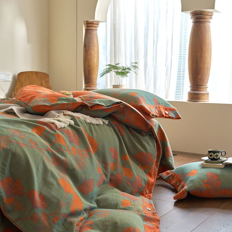 Button Ginkgo Leaf Cotton Gauze Bedding Set (4PCS)
