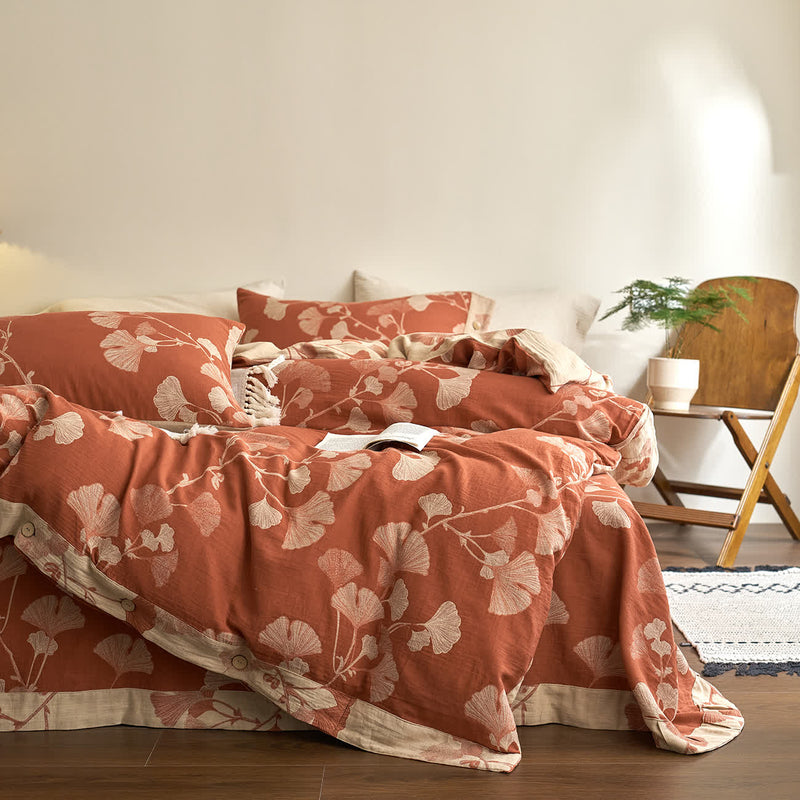Button Ginkgo Leaf Cotton Gauze Bedding Set (4PCS)