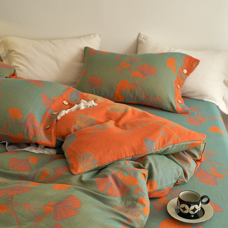 Button Ginkgo Leaf Cotton Gauze Bedding Set (4PCS)
