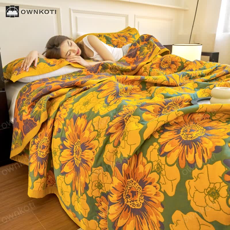Cotton Gauze Reverisible Blomming Flower Quilt