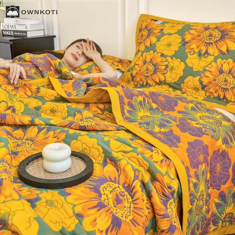 Cotton Gauze Reverisible Blomming Flower Quilt