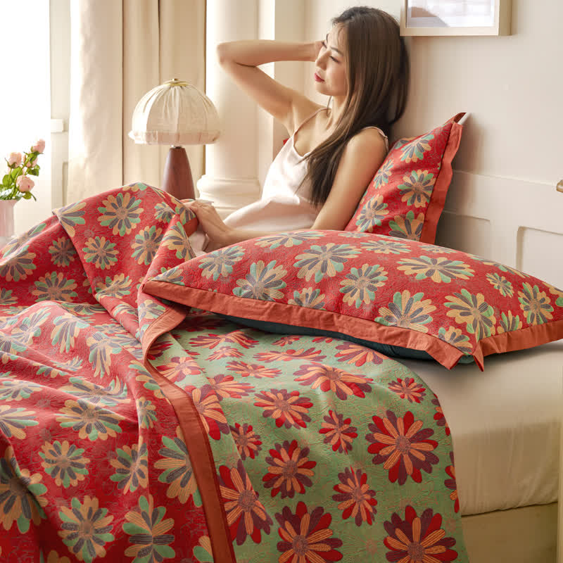 Floral Cotton Gauze Yarn-dyed Jacquard Quilt