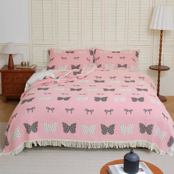 Butterfly Bowknot Pure Cotton Gauze Soft Tassel Quilt