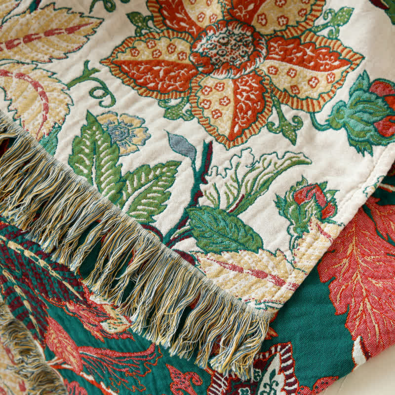 Floral Leaf Cotton Gauze Tassel Reversible Quilt
