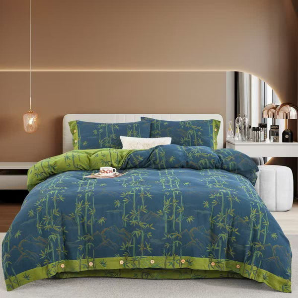 Bamboo Plant Cotton Gauze Reversible Bedding Set (4PCS)