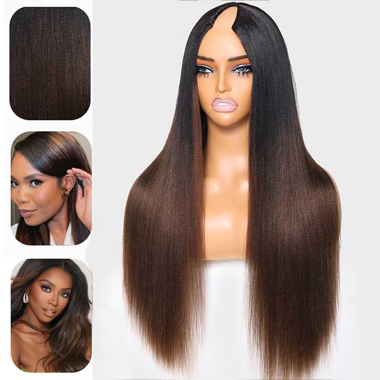 Klaiyi Ombre Chestnut Brown Yaki Straight EasiContour V Part Wigs Human Hair No Glue Protective Style Wig Flash Sale