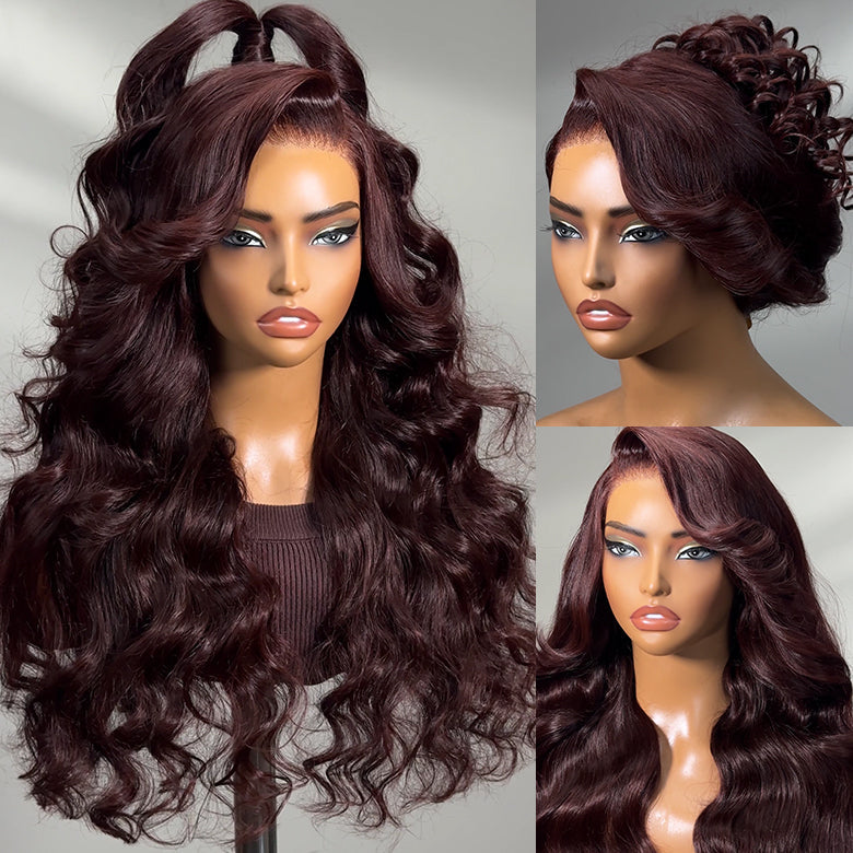 Klaiyi 13x4 Pre-Everything Lace Frontal Wig Dark Auburn Loose Wave Wig with Face Framing Layers