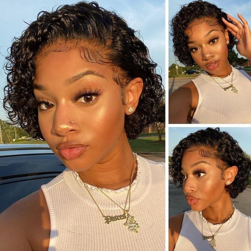 Low to $49| Klaiyi Short Pixie Cut Lace Front Bob Wigs Virgin Human Hair Water Curly Hair Wigs Flash Sale