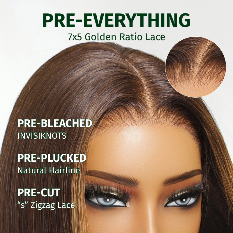 Klaiyi Mocha Brown Highlight Bob Wig with Caramel Highlights 7x5 Bye-Bye Knots Wig Flash Sale