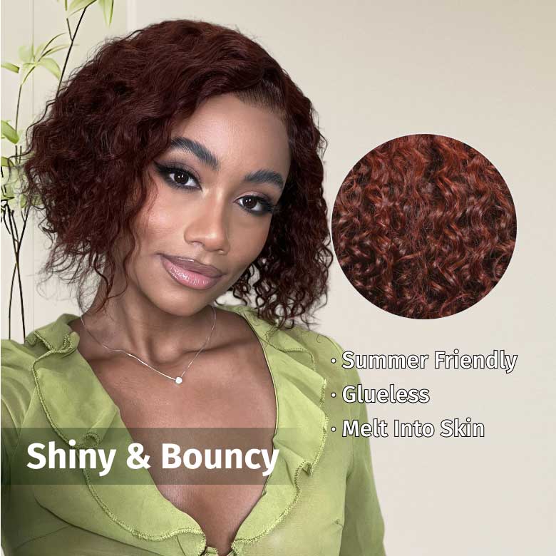 Fast Shipping| Klaiyi Summer Short Curly Bob 7x5 Bye-Bye Knots Lace Wig Side Part Reddish Brown Wig  Flash Sale
