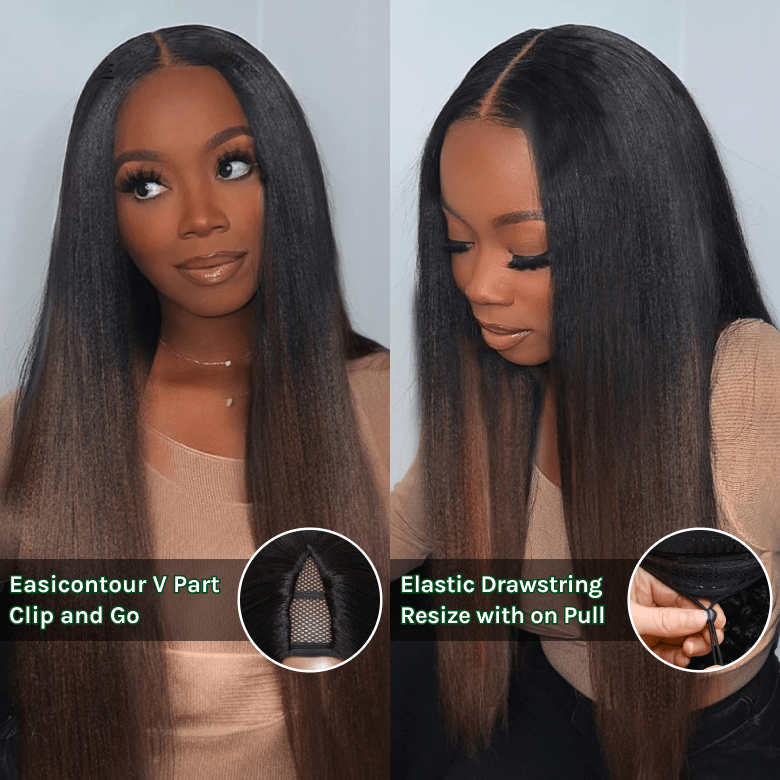 Klaiyi Ombre Chestnut Brown Yaki Straight EasiContour V Part Wigs Human Hair No Glue Protective Style Wig Flash Sale