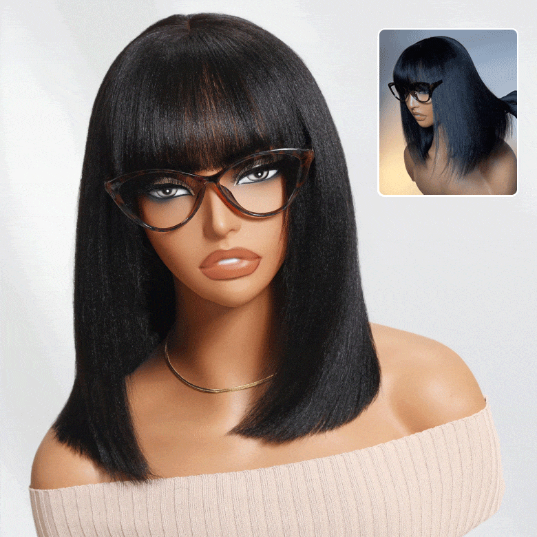 Fast Shipping| Klaiyi Yaki Straight Bob Wig with Bang 2x4 Lace Closure Wig Beginner Friendly Human Hair Wig Flash Sale