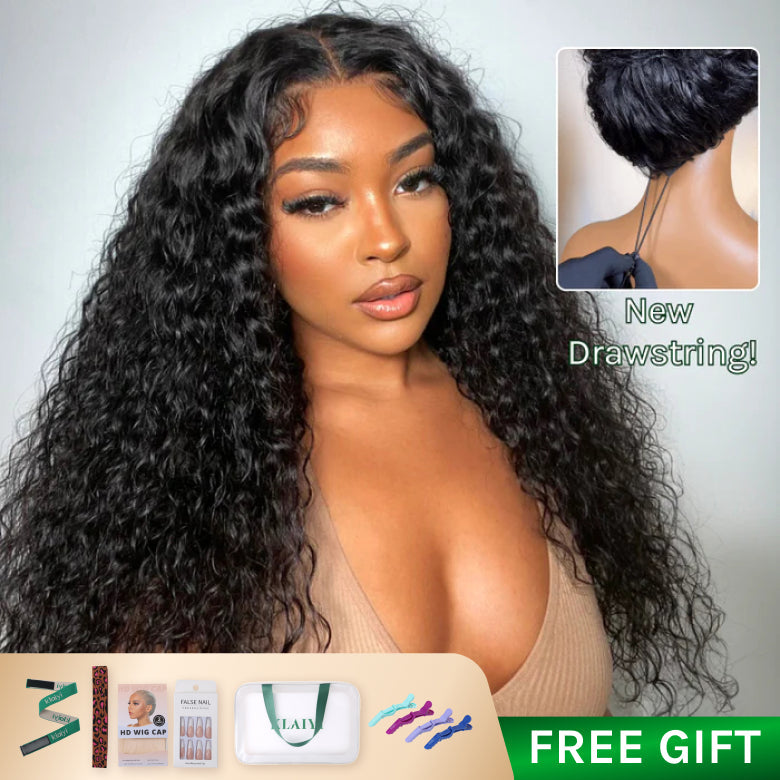 Flash Sale Klaiyi 7x5 Bye Bye Knots Pre-cut Lace Put On and Go Glueless Wig Water Wave Human Hair Wigs