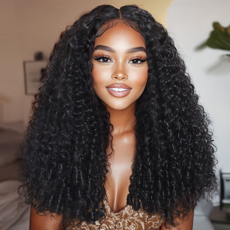 Klaiyi 7x5 Bye Bye Knots Spiral Curls Water Curly Hair with Twist-Out Ends Put on and Go Glueless Wig