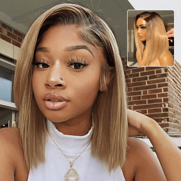 Klaiyi Tres Leches Blonde with Brown Root Bob Wigs Salt and pepper Hair Short Straight Bye-Bye Knots Wig Flash Sale