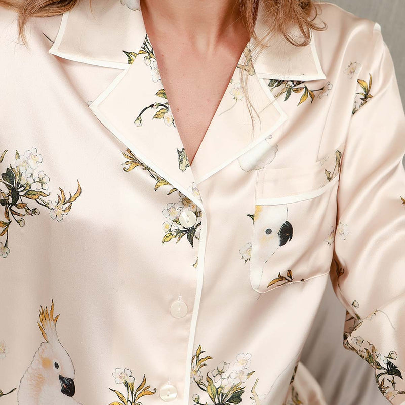 Plant Printed Pure Silk Pajamas Set 2Pcs