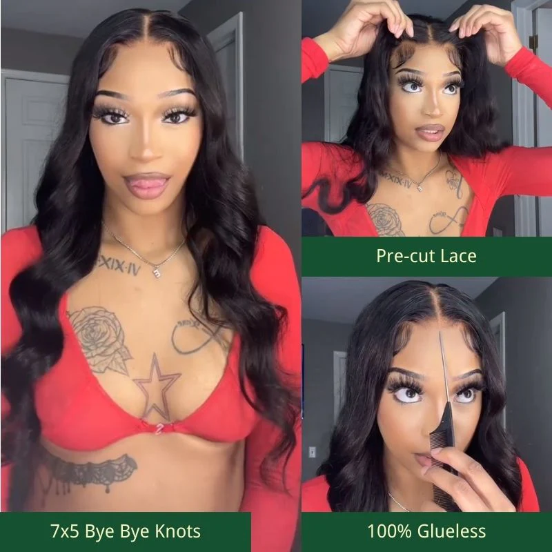 $200 OFF Over $201,Code:SAVE200 | Klaiyi 7x5 Bye Bye Knots Glueless Wig  Body Wave Pre Cut Lace Wigs Flash Sale