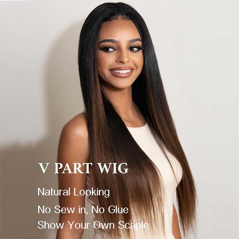 Klaiyi Ombre Chestnut Brown Yaki Straight EasiContour V Part Wigs Human Hair No Glue Protective Style Wig Flash Sale