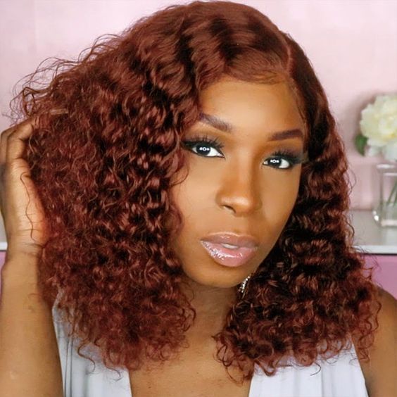 Fast Shipping| Klaiyi Summer Short Curly Bob 7x5 Bye-Bye Knots Lace Wig Side Part Reddish Brown Wig  Flash Sale