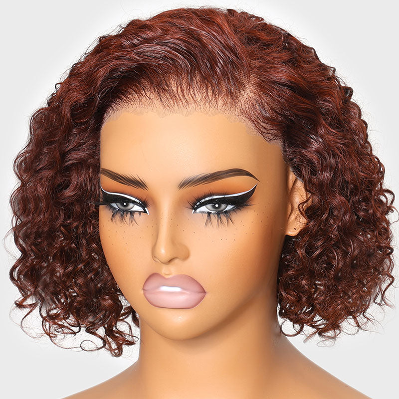 Fast Shipping| Klaiyi Summer Short Curly Bob 7x5 Bye-Bye Knots Lace Wig Side Part Reddish Brown Wig  Flash Sale