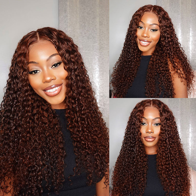 Klaiyi 7x5 Reddish Brown Jerry Curl Put on & Go Wig with Bleach Knots Flash Sale
