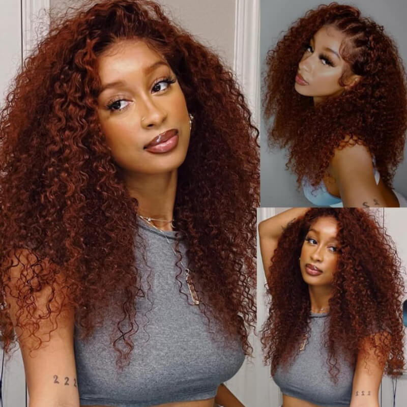 Klaiyi 7x5 Reddish Brown Jerry Curl Put on & Go Wig with Bleach Knots Flash Sale
