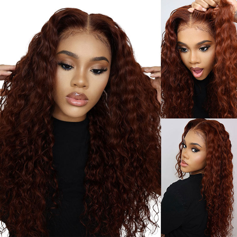 Klaiyi Hair Reddish Brown Water Wave 13x4 Lace Front Wigs / Upgrade 13x4 Pre-everything Wig Flash Sale