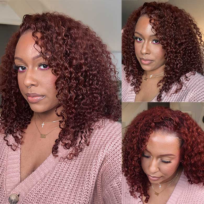 Fast Shipping| Klaiyi Summer Short Curly Bob 7x5 Bye-Bye Knots Lace Wig Side Part Reddish Brown Wig  Flash Sale