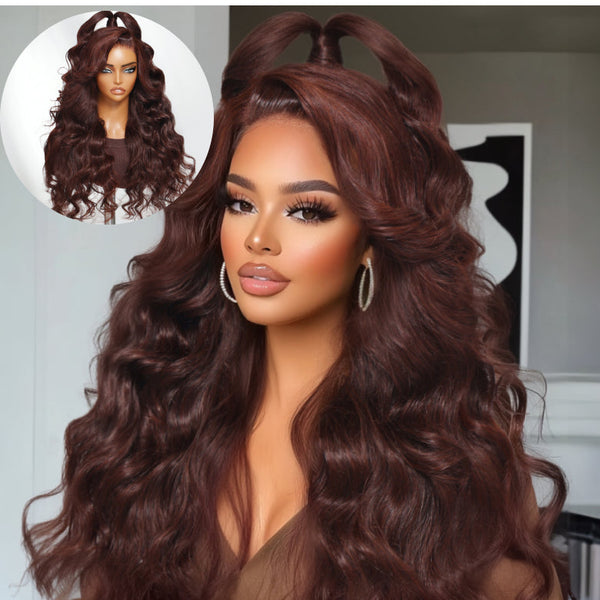 Klaiyi 13x4 Pre-Everything Lace Frontal Wig Dark Auburn Loose Wave Wig with Face Framing Layers