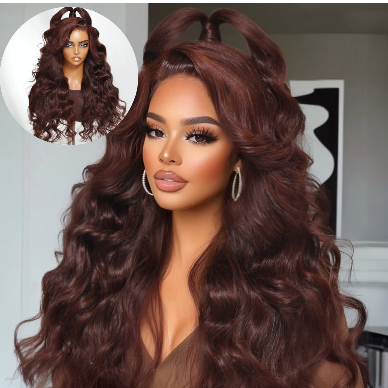 Klaiyi 13x4 Pre-Everything Lace Frontal Wig Dark Auburn Loose Wave Wig with Face Framing Layers