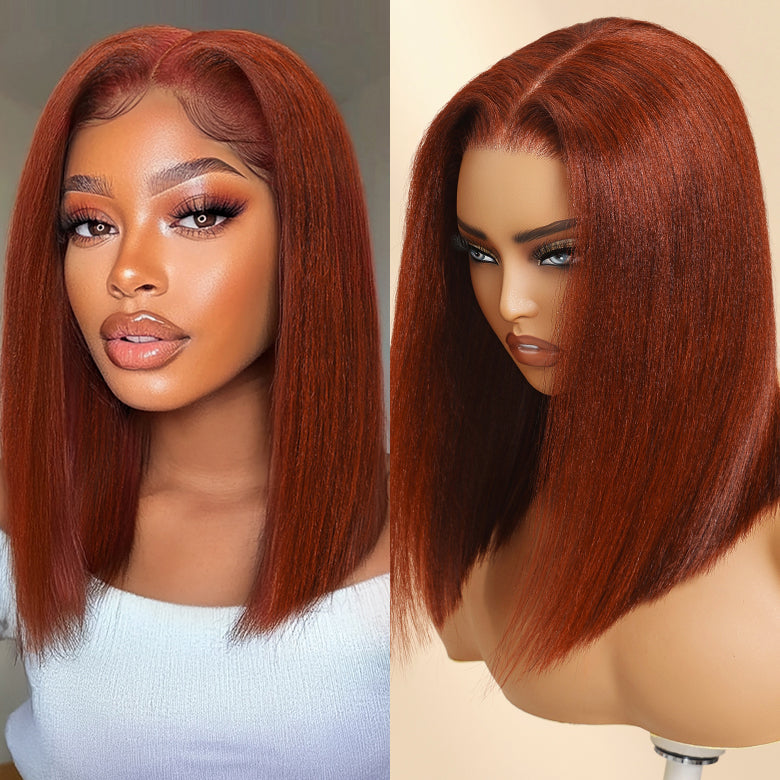 Klaiyi 7x5 Reddish Brown Yaki Straight Bob Wig Put On and Go Glueless Wig with Bleached Knots Flash Sale