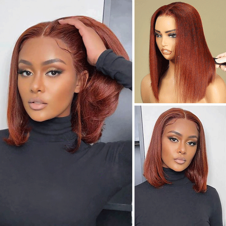 Klaiyi 7x5 Reddish Brown Yaki Straight Bob Wig Put On and Go Glueless Wig with Bleached Knots Flash Sale