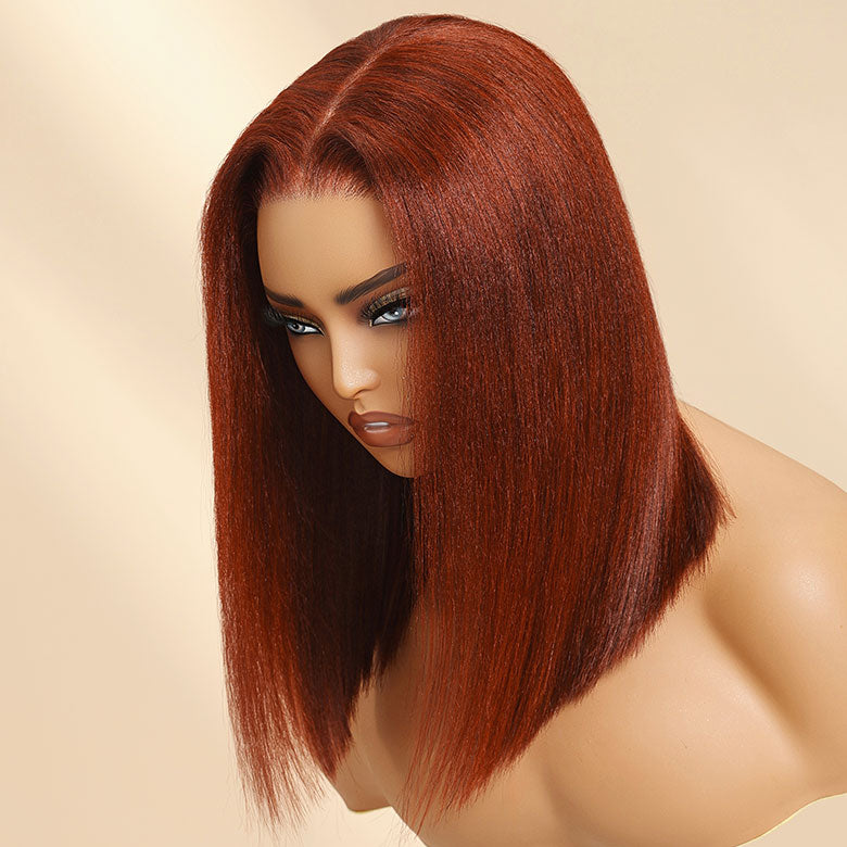 Klaiyi 7x5 Reddish Brown Yaki Straight Bob Wig Put On and Go Glueless Wig with Bleached Knots Flash Sale