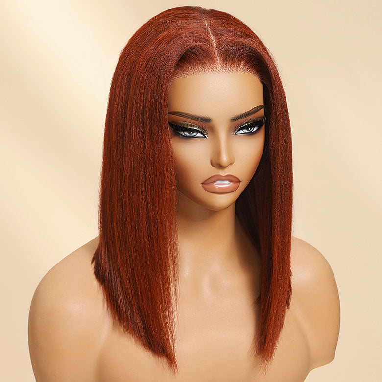 Klaiyi 7x5 Reddish Brown Yaki Straight Bob Wig Put On and Go Glueless Wig with Bleached Knots Flash Sale