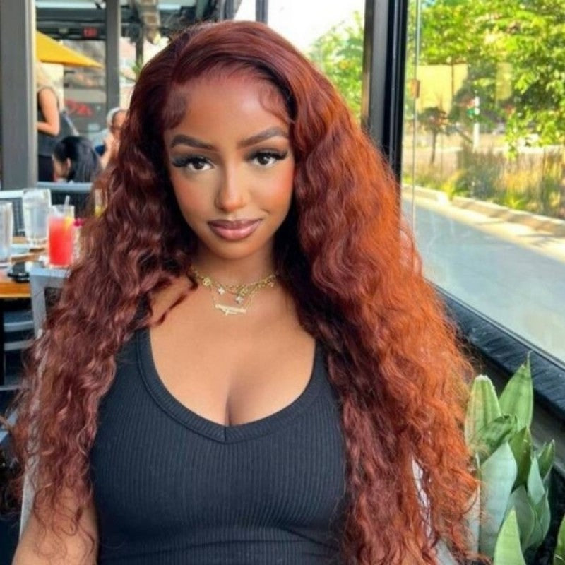 Klaiyi Hair Reddish Brown Water Wave 13x4 Lace Front Wigs / Upgrade 13x4 Pre-everything Wig Flash Sale